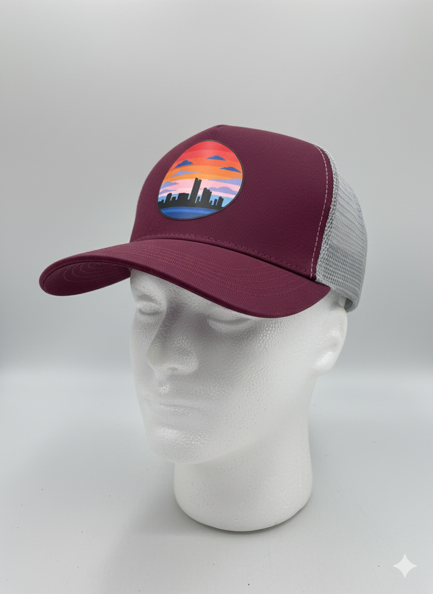 Spirit of the city- sunset X storm Trucker hat (maroon/grey)