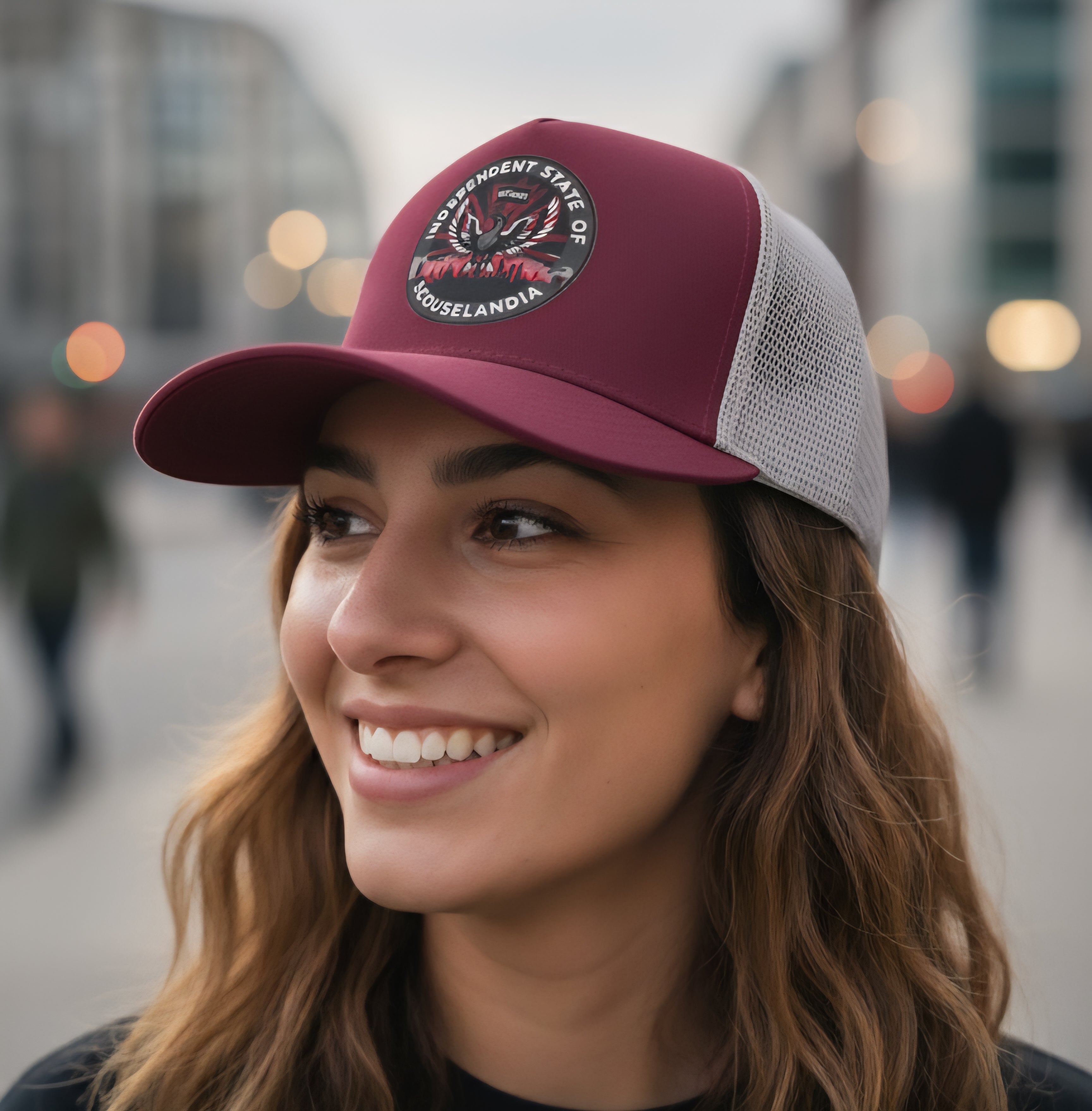 Spirit of the city-Independent State of Scouselandia Trucker Hat (Maroon/Grey)