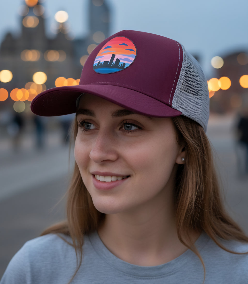 Spirit of the city- sunset X storm Trucker hat (maroon/grey)